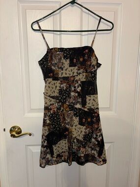 SHEIN Black and Beige Floral Patchwork Spaghetti Strap Mini Dress
